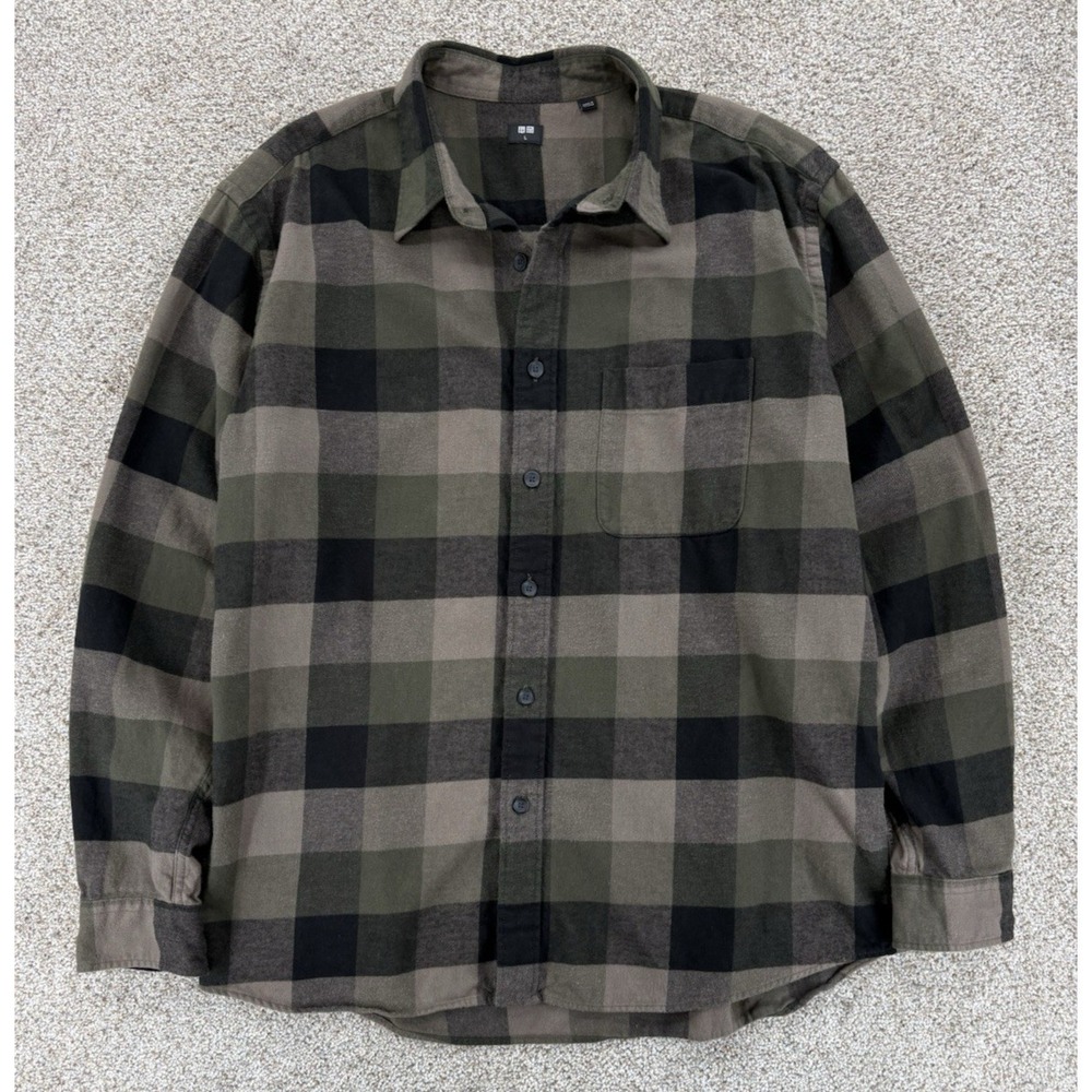 Uniqlo Flannel Long Sleeve Shirt Mens Large Army Green Black Plaid Buffalo Check